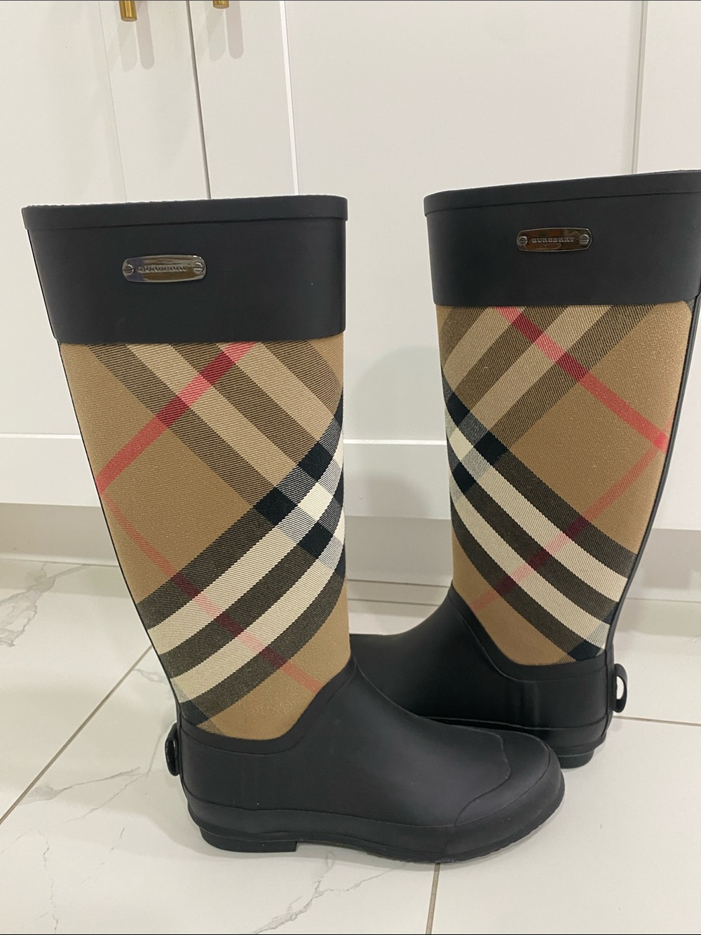 Burberry Black and Tan Check Tall Rain Boots - Picture 2 of 6